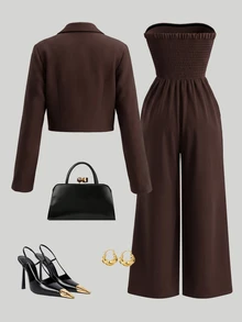 SHEIN LUNE 女款咖啡棕西裝外套 + 抹胸後綁帶連身褲套裝，高端優雅設計，生日禮物，約會，派對，嘉年華，音樂節，雞尾酒會，高氣場穿搭，旅行，度假，街拍，氛圍感穿搭，春夏秋套裝，春夏秋新必備，時尚百搭，小眾設計兩件套 - 咖啡棕 - 查看 2