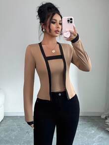 Elenzga 2pcs Women Color Block Elegant Open Front Long Sleeve Top & Camisole Set Fall Cloth For Women - Multicolor - View 3