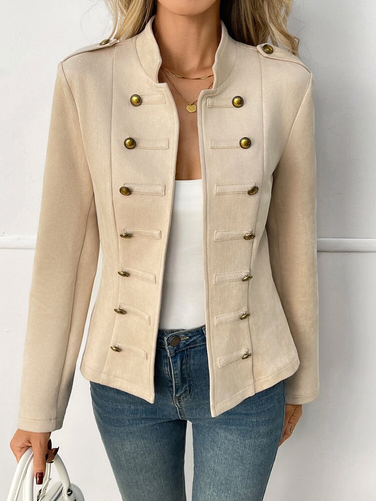 Elyressa Women's Solid Color Long Sleeve Zip-Up Napoleon Jacket - Apricot - View 6