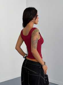 StreetHx Women's Fashionable Metal Decor Black And Silver Tank Top Night Out Club Summer Goth Sexy - Burgundy - View 2