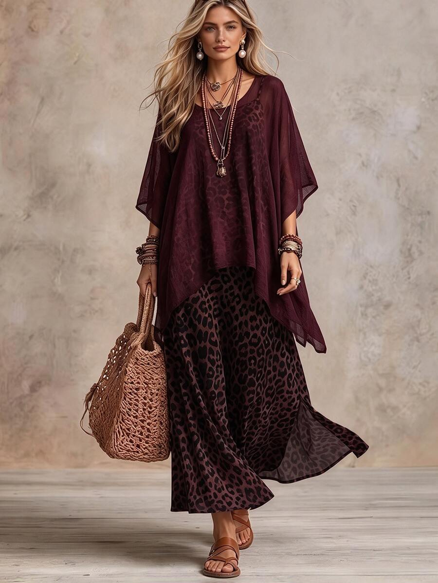 SHEIN Women's Elegant Vintage Leopard Print Dress, Slouchy Design Dress Set - Burgundy - View 1