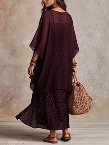 SHEIN Women's Elegant Vintage Leopard Print Dress, Slouchy Design Dress Set - Burgundy - View 2