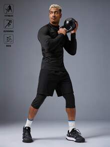 Acti Log Men's Casual Simple Drawstring Waist 2 In 1 Sports Shorts, Summer Sweat Pants Black Shorts, Gym - Black - View 3