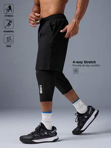 Acti Log Men's Casual Simple Drawstring Waist 2 In 1 Sports Shorts, Summer Sweat Pants Black Shorts, Gym - Black - View 5