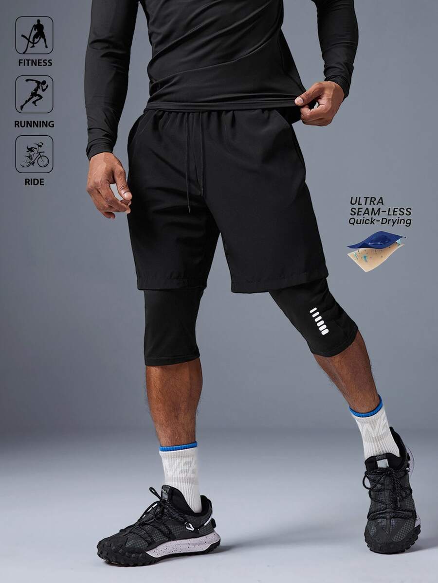 Acti Log Men's Casual Simple Drawstring Waist 2 In 1 Sports Shorts, Summer Sweat Pants Black Shorts, Gym