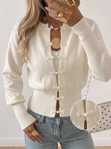 SHEIN EZwear Autumn/Winter High-Quality Knitted Cardigan With Frog Buttons - White - View 6