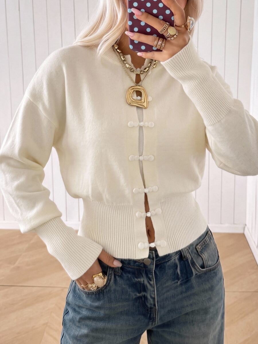 SHEIN EZwear Autumn/Winter High-Quality Knitted Cardigan With Frog Buttons - White - View 1