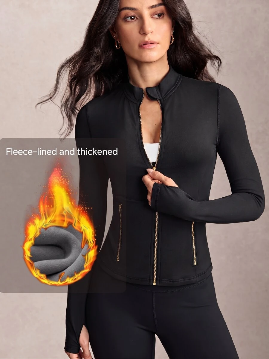 Activina Women's Solid Color Long Sleeve Zip-Up Sports Jacket Running Gym Fitness Workout Fleece-Lined And Thickened For Warmth Winter Autumn Daily Going Out - Black - View 1