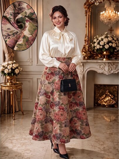 Rometta Đầm dài dáng chữ A size lớn bằng vải satin phối len thô, họa tiết hoa in tranh sơn dầu, cổ đứng, thắt nơ, tay dài, eo chiết, phong cách vintage thanh lịch, phù hợp đi chơi, hẹn hò, tụ họp, du lịch và tiệc tùng