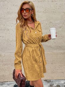 EMERY ROSE Women's Casual Solid Color Waist Tie Long Sleeve Dress - Mustard Yellow - View 5