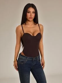 SHEIN PETITE 舒適棕色修身針織細肩帶連身內衣，適合嬌小女性 - 棕色 - 查看 10