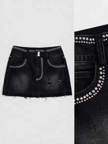 ROMWE Women's Y2K Party Hot Girl Sequin Black Denim Skirt - Black - View 1