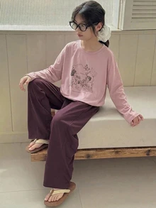 Dazy Kids Tween女孩秋季服飾 女童大碼圓領針織印花短袖T恤＋長褲居家休閒套裝 春夏款 - 淡紫色 - 查看 1