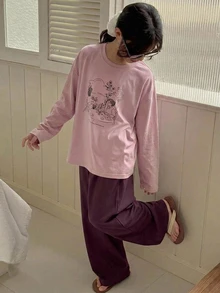 Dazy Kids Tween女孩秋季服飾 女童大碼圓領針織印花短袖T恤＋長褲居家休閒套裝 春夏款 - 淡紫色 - 查看 4