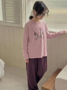 Dazy Kids Tween女孩秋季服飾 女童大碼圓領針織印花短袖T恤＋長褲居家休閒套裝 春夏款 - 淡紫色 - 查看 6