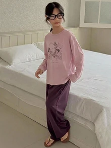Dazy Kids Tween女孩秋季服飾 女童大碼圓領針織印花短袖T恤＋長褲居家休閒套裝 春夏款 - 淡紫色 - 查看 3