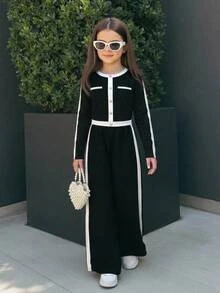 Firerie Kids Firerie Kids 兒童青少年女孩拼色長袖T恤與長褲休閒日常穿搭套裝 - 黑色 - 查看 2