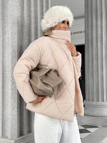 Trelyra Minimalist Commuter Versatile Almond Beige Diamond Quilted Stand Collar Loose Padded Coat - Apricot - View 3
