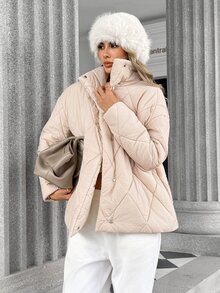 Trelyra Minimalist Commuter Versatile Almond Beige Diamond Quilted Stand Collar Loose Padded Coat - Apricot - View 6