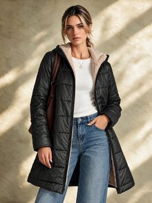 Trelyra New Women's Long Quilted Padded Coat, Simple And Elegant - Black - View 1
