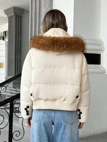 Trelyra Detachable Large Fur Collar Workwear Women's Double-Breasted Flap Pocket Design Horizontal Quilted Hem Cinch Padded Coat - White - View 2