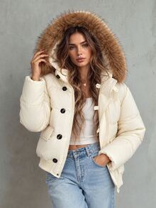 Trelyra Detachable Large Fur Collar Workwear Women's Double-Breasted Flap Pocket Design Horizontal Quilted Hem Cinch Padded Coat - White - View 1