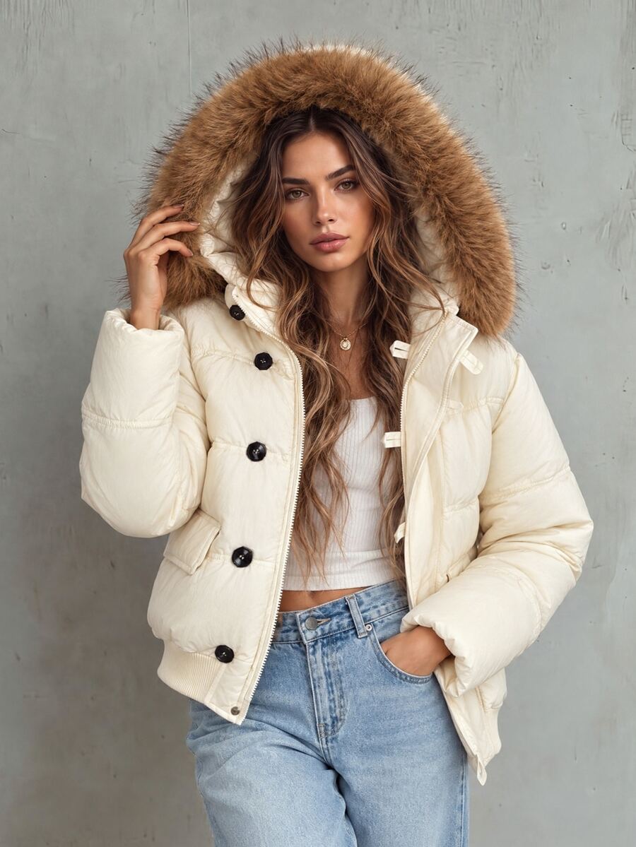 Trelyra Detachable Large Fur Collar Workwear Women's Double-Breasted Flap Pocket Design Horizontal Quilted Hem Cinch Padded Coat - White - View 1
