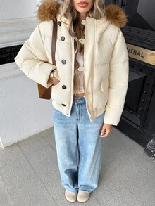 Trelyra Detachable Large Fur Collar Workwear Women's Double-Breasted Flap Pocket Design Horizontal Quilted Hem Cinch Padded Coat - White - View 6