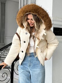 Trelyra Detachable Large Fur Collar Workwear Women's Double-Breasted Flap Pocket Design Horizontal Quilted Hem Cinch Padded Coat - White - View 4