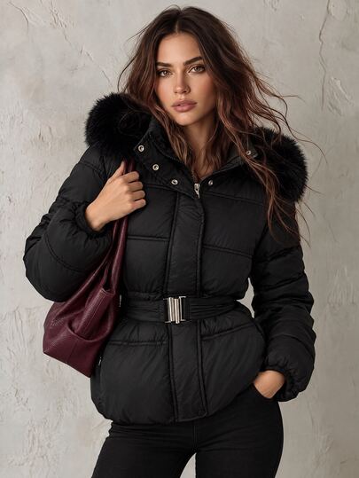 Trelyra Detachable Fur Collar Hat Waist-Cinching Women's Metal Buckle Belt Slimming Quilted Padded Coat