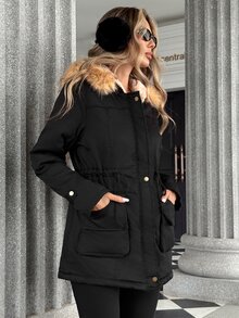 Trelyra Faux Fur Large Collar Classic Fashion Pocket Long Sleeve Hooded Parka Jacket - Black - View 3