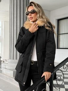 Trelyra Faux Fur Large Collar Classic Fashion Pocket Long Sleeve Hooded Parka Jacket - Black - View 4