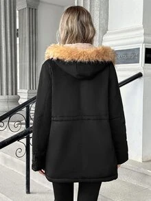 Trelyra Faux Fur Large Collar Classic Fashion Pocket Long Sleeve Hooded Parka Jacket - Black - View 2