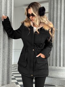 Trelyra Faux Fur Large Collar Classic Fashion Pocket Long Sleeve Hooded Parka Jacket - Black - View 5