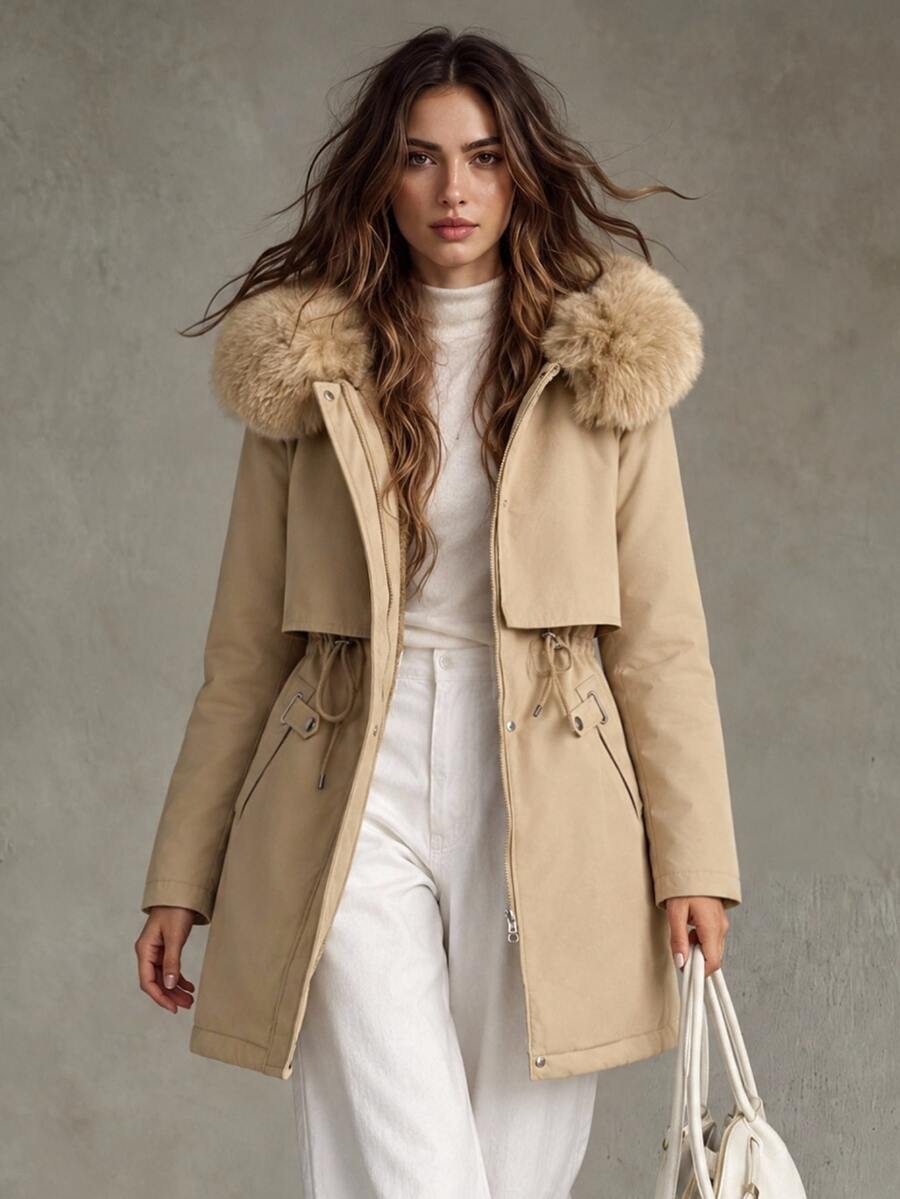 Pariaura New Fur Collar Parka Jacket For Women, Fashionable Versatile Slimming Waist Padded Coat - Khaki - View 1