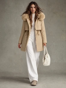 Pariaura New Fur Collar Parka Jacket For Women, Fashionable Versatile Slimming Waist Padded Coat - Khaki - View 6