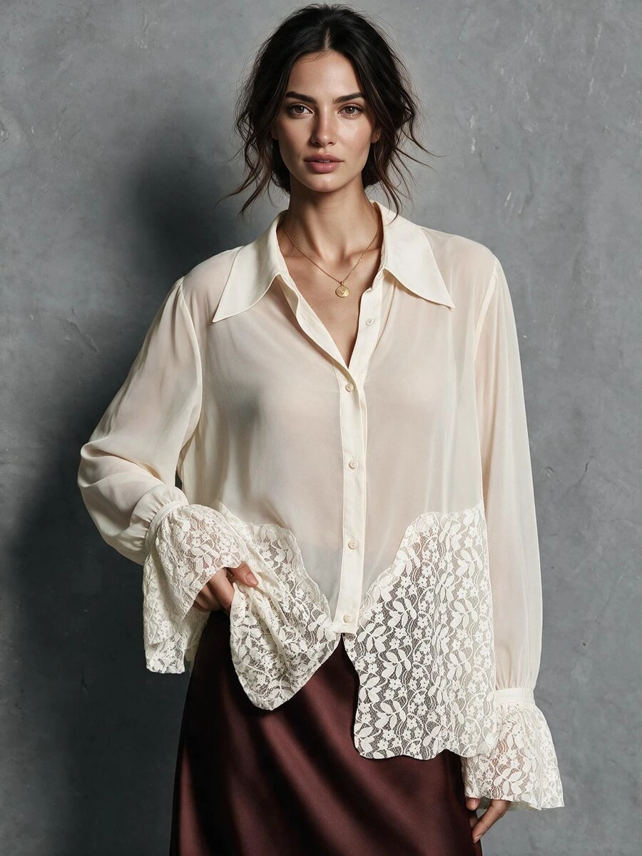 Trelyra European And American Style Autumn/Winter New Fashion Versatile Solid Color Chiffon Contrast Lace Decor Elegant Commute Design Long Sleeve Blouse - Beige - View 1