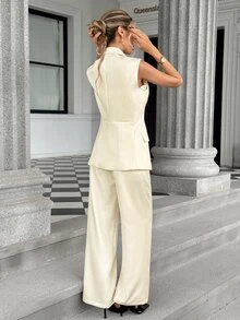 Pariaura Professional & Fashionable Two Pieces Suit Set: Notched Lapel + Double-Breasted Design, Waist-Cinching Tailored Blazer With Pockets, Crisp Fit High-Waisted Wide-Leg Pants With Strong Drape To Flatter Leg Shape And Elongate Silhouette - Beige - View 2