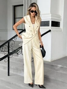 Pariaura Professional & Fashionable Two Pieces Suit Set: Notched Lapel + Double-Breasted Design, Waist-Cinching Tailored Blazer With Pockets, Crisp Fit High-Waisted Wide-Leg Pants With Strong Drape To Flatter Leg Shape And Elongate Silhouette - Beige - View 6