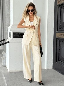 Pariaura Professional & Fashionable Two Pieces Suit Set: Notched Lapel + Double-Breasted Design, Waist-Cinching Tailored Blazer With Pockets, Crisp Fit High-Waisted Wide-Leg Pants With Strong Drape To Flatter Leg Shape And Elongate Silhouette - Beige - View 5