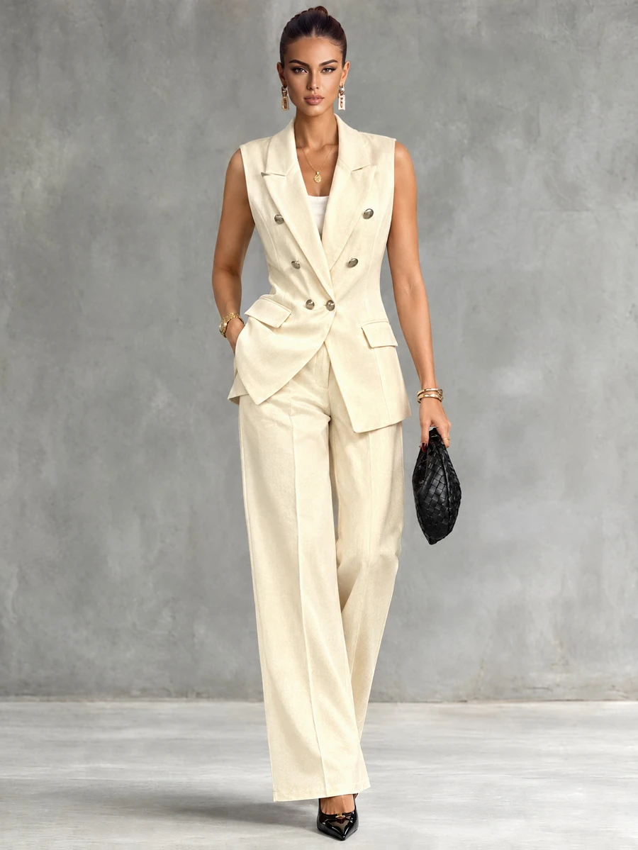 Pariaura Professional & Fashionable Two Pieces Suit Set: Notched Lapel + Double-Breasted Design, Waist-Cinching Tailored Blazer With Pockets, Crisp Fit High-Waisted Wide-Leg Pants With Strong Drape To Flatter Leg Shape And Elongate Silhouette - Beige - View 1