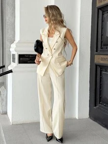 Pariaura Professional & Fashionable Two Pieces Suit Set: Notched Lapel + Double-Breasted Design, Waist-Cinching Tailored Blazer With Pockets, Crisp Fit High-Waisted Wide-Leg Pants With Strong Drape To Flatter Leg Shape And Elongate Silhouette - Beige - View 3