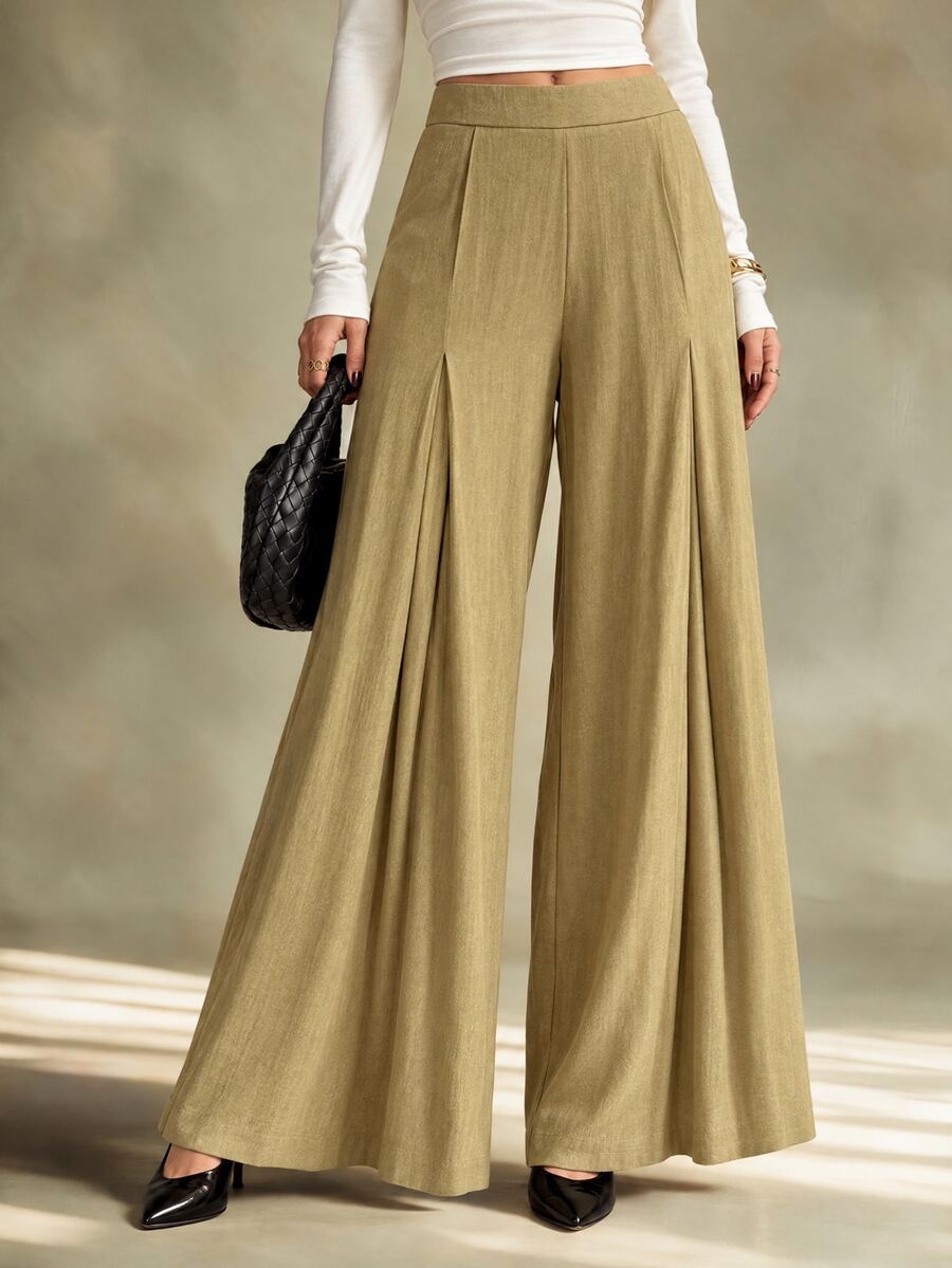 Trelyra Elegant Linen-Like Mid-Waist Draped Skin-Friendly Commuter Style Regular Long Pants - Khaki - View 1