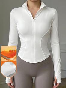 SHEIN EZwear White Knitted Women's Long Sleeve Zipper Front Slim Fit Jacket - White - View 8