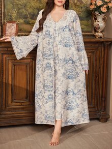 PalaceNights Vintage Floral Print Lace Patchwork Ruffle Long Sleeve Robe & Nightgown Plus Size - Blue and White - View 5