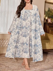 PalaceNights Vintage Floral Print Lace Patchwork Ruffle Long Sleeve Robe & Nightgown Plus Size - Blue and White - View 3
