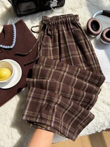 Comfortcana Celana Panjang Kasual Serbaguna Motif Kotak-kotak untuk Wanita Ukuran Besar - Coklat - View 4