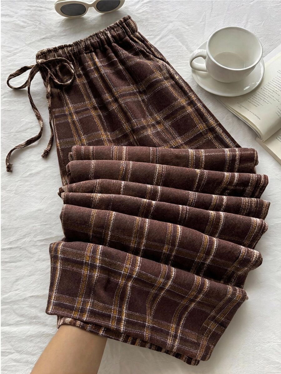 Comfortcana Celana Panjang Kasual Serbaguna Motif Kotak-kotak untuk Wanita Ukuran Besar - Coklat - View 1