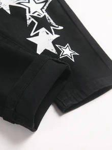 SHEIN Tween Boy Y2k Smiling Kids Face And Star Doodle Pattern Design Black Stretchy Tight Jeans Black To School - Black - View 5
