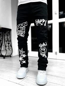 SHEIN Tween Boy Y2k Smiling Kids Face And Star Doodle Pattern Design Black Stretchy Tight Jeans Black To School - Black - View 1